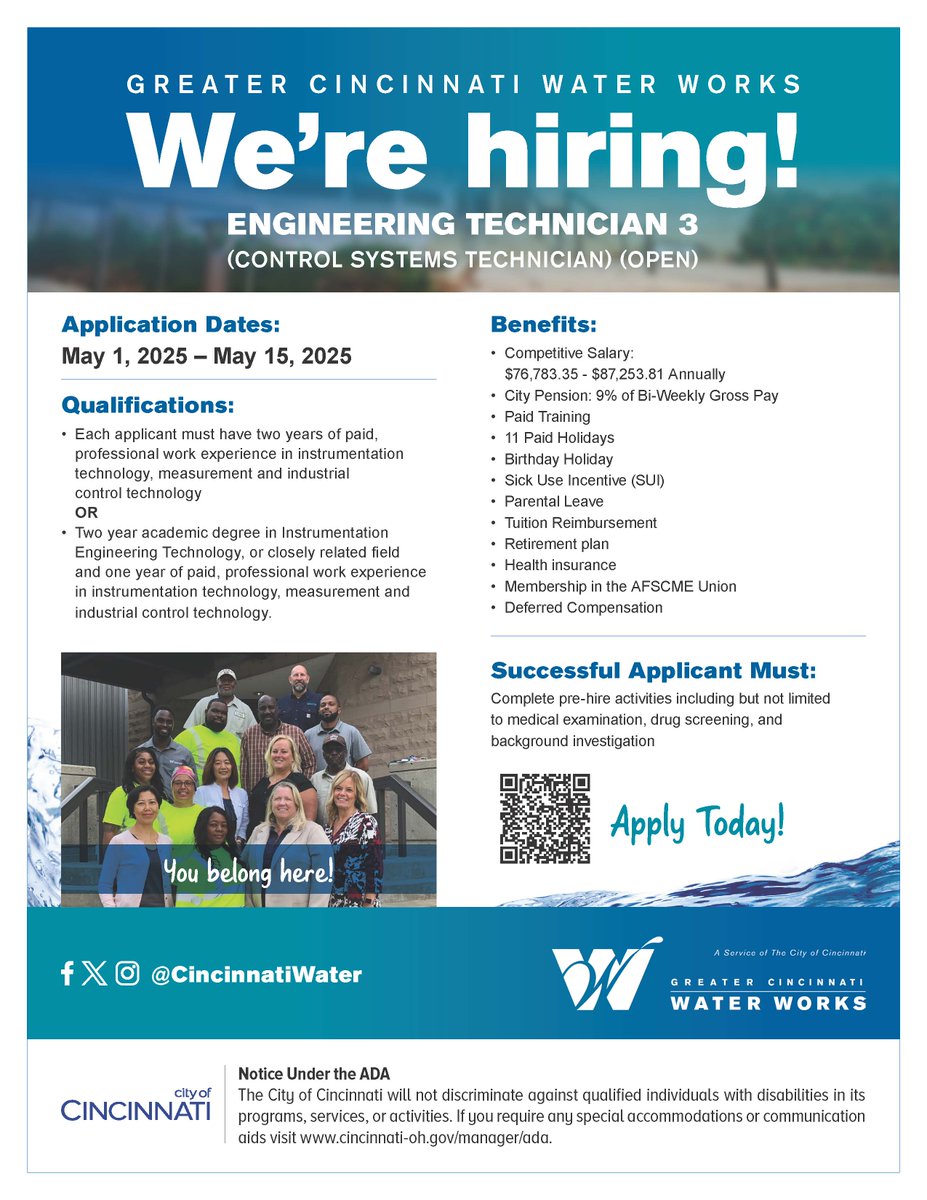 CincinnatiWater's tweet image. Greater Cincinnati Water Works is hiring for Engineering Technician 3 (Open & Promotional) on our team!
APPLY TODAY: Scan QR codes below, or visit governmentjobs.com