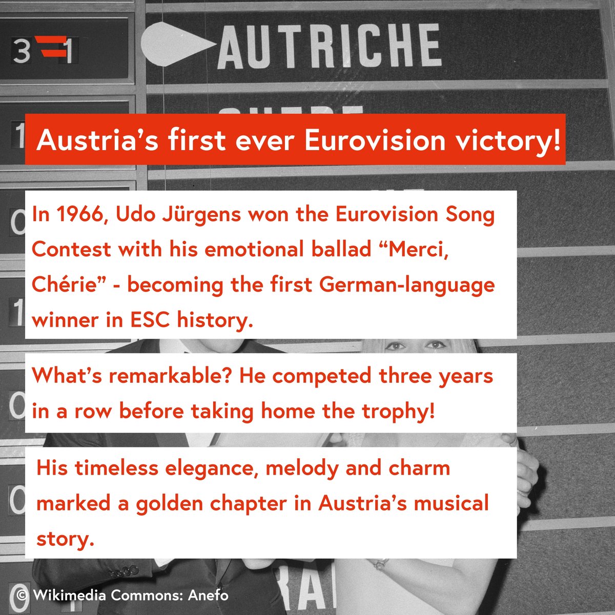 Three artists. Three eras. One nation on Europe’s biggest stage 🎙️🇦🇹

1966: Udo Jürgens secures Austria’s very first Eurovision victory 🏆

2014: Conchita Wurst wins with “Rise Like a Phoenix” 💪

🔥Now in 2025: JJ brings 'Wasted Love' to #Eurovision2025

Let's go Austria! 🤩🎤