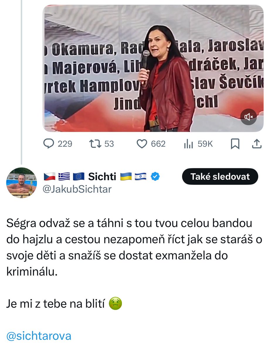 Reakce bratra paní Šichtařové na její včerejší 5 minutovku nenávisti 😉👌

<a href="/JakubSichtar/">🇨🇿🇬🇷🇪🇺 Sichti 🇺🇦🇮🇱</a> respekt pane 😎🇨🇿