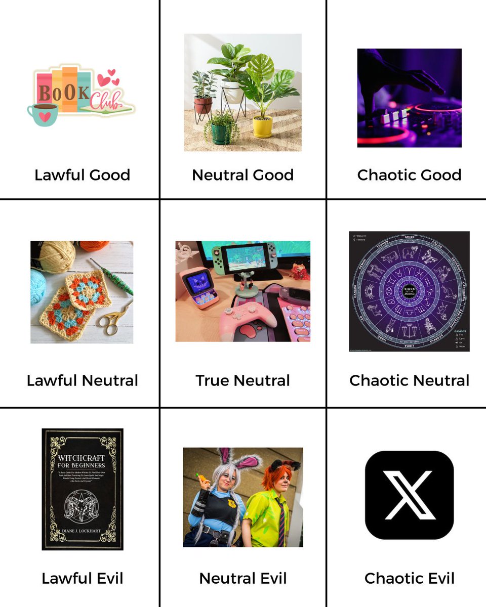 sidexsideindy's tweet image. Fighting on X is chaotic evil, we said what we said 🤣

#alignmentchart #hobbies #bookclub #crochet #astrology #plants #cozygame