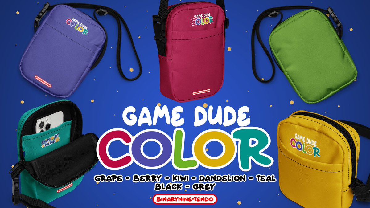 Bin9VTuber's tweet image. ✨New merch drop!✨

Anyone else remember playing their Game Dude COLOR in the back seat of the family car? Because I do! 

👝 7 Cross body bags 
👕 8 T-Shirts 
🧥  7 Sweat Shirts 
🩳 5 kinds of shorts! 

🔗Link below!!👇