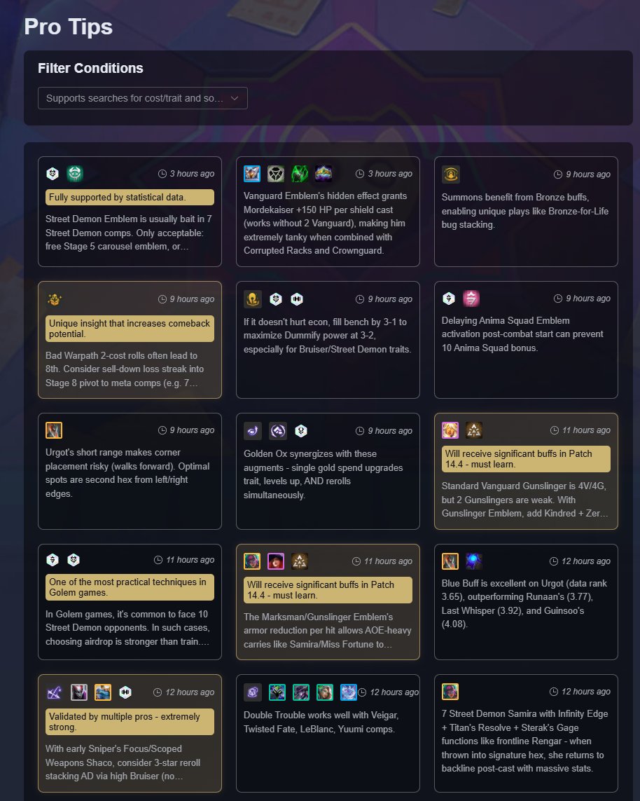 You may have played TFT a lot. Sometimes you learned pro tips by watching your favourite streamers. But now, DataTFT has introduced a new feature to the website:

From here, you learn some counter-intuitive conclusions or low playrate tips, such as "Scoped Weapons Shaco",