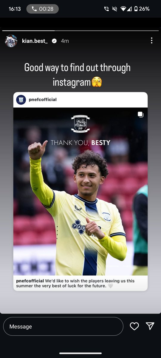 MYates3's tweet photo. Kian Best's reaction on Instagram #pnefc https://t.co/iewDDH21JI