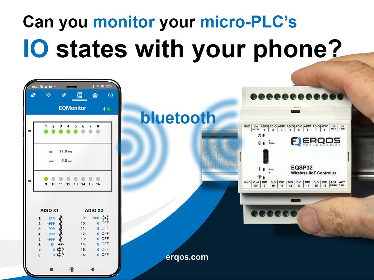 eqsp32's tweet image. Monitor EQSP32 I/O states in real-time from your phone. The EQConnect mobile app wirelessly delivers key system data via Bluetooth—no need to put your head in the cabinet.

🔗 erqos.com

#EQSP32 #Erqos #IIoT #BluetoothMonitoring #AutomationTools #PLC