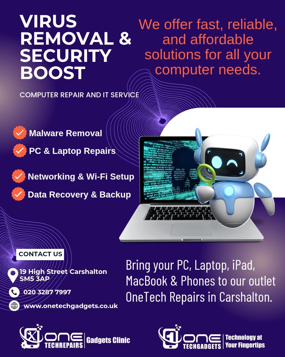 OneTechGadgets's tweet image. 🔧 Keep your devices virus-free! Walk in for a free check-up today in our Carshalton High Street Store.  📍👇🏽

#VirusRemoval #PCHealth #computerrepair #laptoprepair #macbookrepair #datarecovery #Carshalton