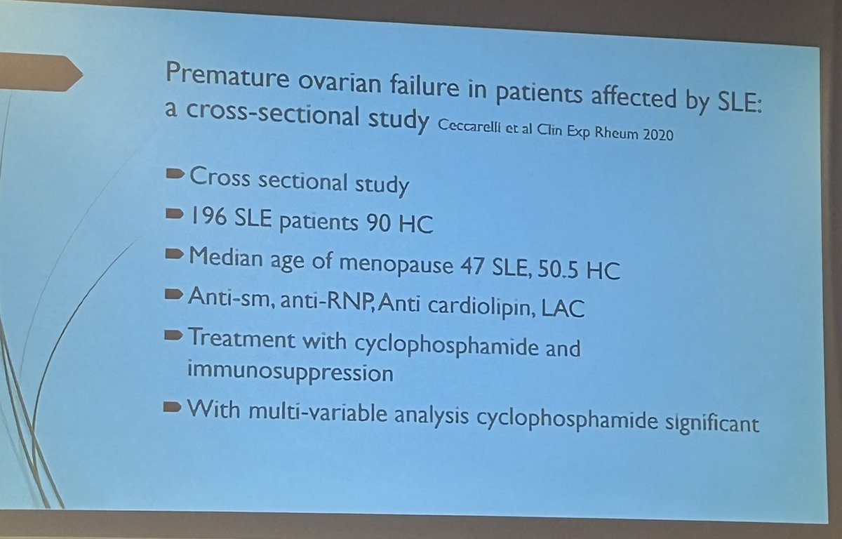 Cassy Sims, MD (@drcassysims) on Twitter photo Women with #lupus are at increased risk of premature ovarian failure with a mean
age of menopause at 47 years (compared to 51 y/o in gen pop) <a href="/RheumNow/">Dr. John Cush</a>
Risk factors include:
💊cyclophosphamide
✋disease activity
🩸antibodies (RNP, LAC) Women with #lupus are at increased risk of premature ovarian failure with a mean
age of menopause at 47 years (compared to 51 y/o in gen pop) <a href="/RheumNow/">Dr. John Cush</a>
Risk factors include:
💊cyclophosphamide
✋disease activity
🩸antibodies (RNP, LAC)