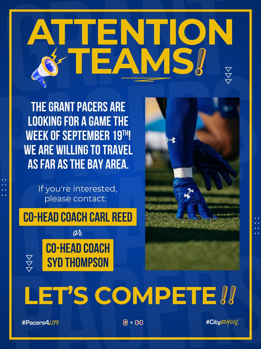 GHSpacersFootball (@grant_union) on Twitter photo Grant Union High School is looking for a game on September 19th, 2025. We are willing to travel as far as the Bay Area. If youโre interested please DM <a href="/CReedGHS/">Carl Reed</a> #WeAreGrant #PacerForLife ๐ต๐ก๐ด <a href="/CoachLeach3/">CoachLeach</a> <a href="/streetsavvyGMG/">Coach D. Leach (H.U.) ๐บ๐ธ๐ฏ</a> <a href="/Coach_Ferg7/">Deanthone Ferguson</a> <a href="/CoachKei22/">Kei Fox</a> <a href="/coachJoJohnson/">Josiah Johnson</a> <a href="/RealOotyOoo/">Ooty Ooo โCoach Ootyโ</a> Grant Union High School is looking for a game on September 19th, 2025. We are willing to travel as far as the Bay Area. If youโre interested please DM <a href="/CReedGHS/">Carl Reed</a> #WeAreGrant #PacerForLife ๐ต๐ก๐ด <a href="/CoachLeach3/">CoachLeach</a> <a href="/streetsavvyGMG/">Coach D. Leach (H.U.) ๐บ๐ธ๐ฏ</a> <a href="/Coach_Ferg7/">Deanthone Ferguson</a> <a href="/CoachKei22/">Kei Fox</a> <a href="/coachJoJohnson/">Josiah Johnson</a> <a href="/RealOotyOoo/">Ooty Ooo โCoach Ootyโ</a>