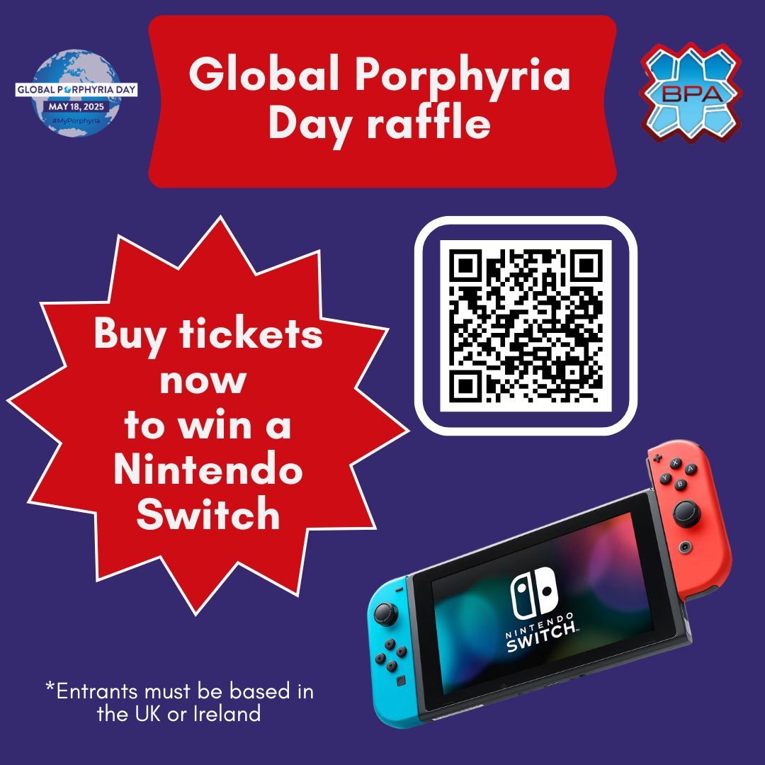 🎮 Win a Nintendo Switch! Play our Porphyria Awareness Day raffle before 18 May and help raise funds to support people with porphyria. ow.ly/xZTB50VQ659 Keep a look out for more impressive prizes being announced this weekend! 💜 #PorphyriaSupport #PlayForGood