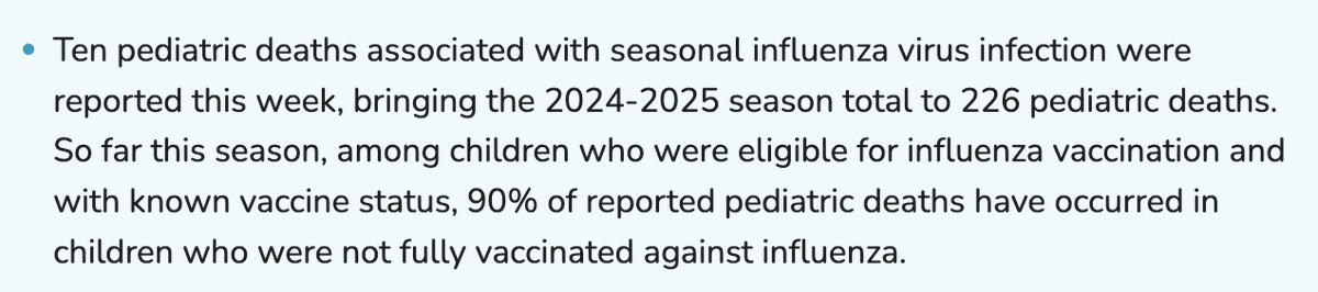 #CDC: +10 kids died from #flu this winter, taking the season's death toll to date to 226. Peds deaths are often reported on a delay; this number will likely rise again.
CDC says 90% of these kids weren't fully vaccinated; kids need 2 doses the first time they get flu vax.