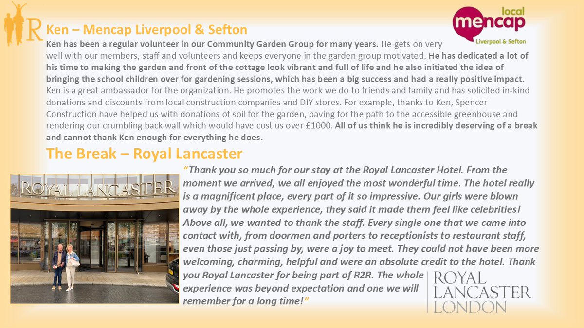 Room to Reward (@roomtoreward) on Twitter photo Signing off the week with yet another wonderful break delivered by the fantastic <a href="/royallancaster/">Royal Lancaster London</a>, this time to the inspirational Ken of <a href="/mencapliverpool/">Mencap Liverpool & Sefton</a>. These breaks are only possible because of the amazing hospitality people and places who get behind our mission. Thank you! Signing off the week with yet another wonderful break delivered by the fantastic <a href="/royallancaster/">Royal Lancaster London</a>, this time to the inspirational Ken of <a href="/mencapliverpool/">Mencap Liverpool & Sefton</a>. These breaks are only possible because of the amazing hospitality people and places who get behind our mission. Thank you!