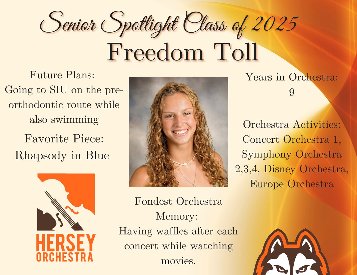 Congratulations to our next 2025 Senior Spotlight: Freedom Toll! (Senior Violinist) We are so proud of your commitment to the Symphony orchestra.