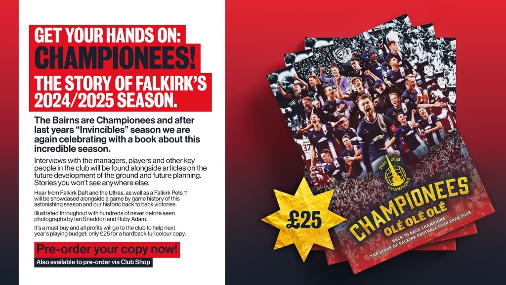 FalkirkFC's tweet image. 📕 CHAMPIONEES is available now!

The brand new book following on from last year's 'The Untouchables' by Paul Robertson follows the story of our 2024/25 Championship winning season.

Get yours here 👉 falkirkfc.co.uk/2025/05/09/cha…