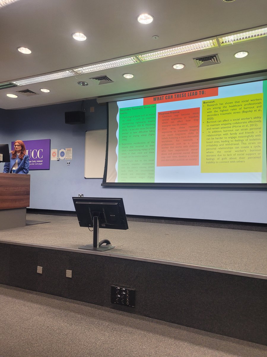 Caoimhe Mc Grath <a href="/uccsocialwork/">@UCCsocialwork</a> student presenting on her dissertation findings regarding the psychological consequences and coping strategies for CAMHS Social Workers. Very important considerations for practice. <a href="/UCCAppSoc/">AppliedSocialStudies</a> <a href="/CACSSS1/">UCC Arts, Celtic Studies and Social Sciences</a>