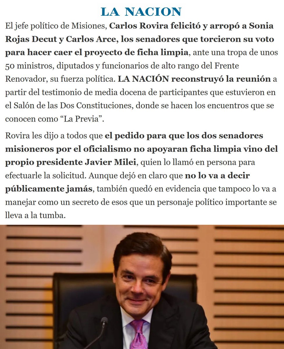 "Rovira":
Por un artículo de La Nación sobre el rechazo de Ficha Limpia en el Senado