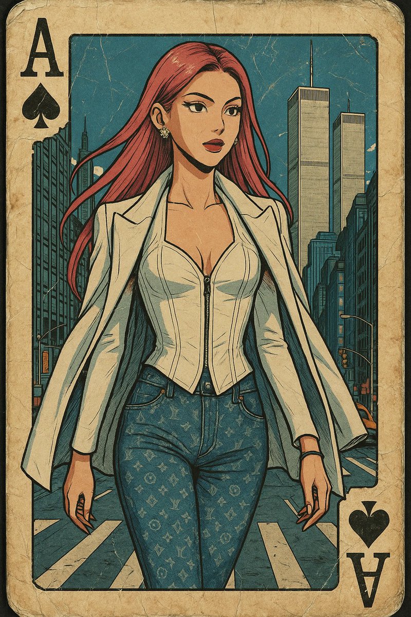 Yeni 🌸 

Görseldeki kadın, New York şehir merkezinde yürüyor; arka planda İkiz Kuleler görülüyor. Üzerinde en pahalı, en üst düzey kıyafetlerle adeta bir stil ikonu gibi yürüyor, havasından özgüven taşıyor. Kulaklarında elmas küpeler parıldıyor. Tüm sahne 90’lar anime