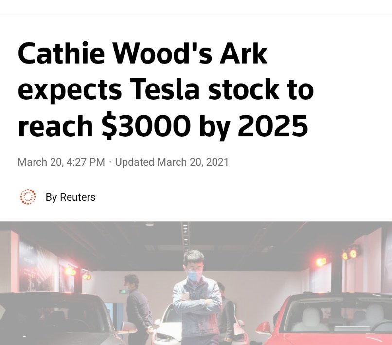 π¨ BREAKING : Dal 20 marzo 2021.
"Cathie Wood's Ark prevede che il prezzo delle azioni Tesla raggiunga $3000 entro il 2025"