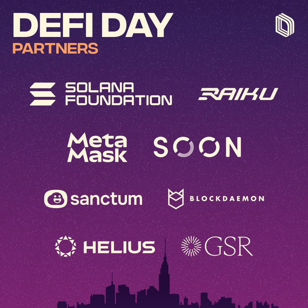 Drift (@driftprotocol) on Twitter photo Drift is proud to partner with <a href="/SolanaFndn/">Solana Foundation</a>, <a href="/MetaMask/">MetaMask.eth ๐ฆ</a>, <a href="/soon_svm/">SOON - Solana Optimistic Network (Mainnet Arc)</a>, <a href="/sanctumso/">sanctum โ๏ธ</a> and <a href="/heliuslabs/">Helius</a> to bring you DeFi Day in NYC ๐บ๐ธ
Happy Hour @ DeFi Day is powered by our frens at <a href="/raikucom/">Raiku ๐</a>, <a href="/GSR_io/">GSR</a>, and <a href="/BlockdaemonHQ/">Blockdaemon ๐</a>.
Big thanks to all our partners for making this possible! Drift is proud to partner with <a href="/SolanaFndn/">Solana Foundation</a>, <a href="/MetaMask/">MetaMask.eth ๐ฆ</a>, <a href="/soon_svm/">SOON - Solana Optimistic Network (Mainnet Arc)</a>, <a href="/sanctumso/">sanctum โ๏ธ</a> and <a href="/heliuslabs/">Helius</a> to bring you DeFi Day in NYC ๐บ๐ธ
Happy Hour @ DeFi Day is powered by our frens at <a href="/raikucom/">Raiku ๐</a>, <a href="/GSR_io/">GSR</a>, and <a href="/BlockdaemonHQ/">Blockdaemon ๐</a>.
Big thanks to all our partners for making this possible!