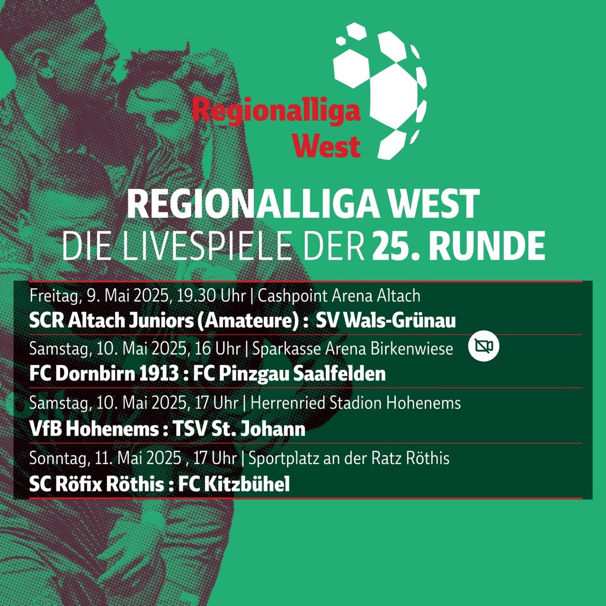 Die Regionalliga geht diese Woche in die 25. Runde 🤩 Für alle unsere Fußball-Fans haben wir die Heimspiele auf VOL.AT unter vol.at/regionalliga 🥳⚽️