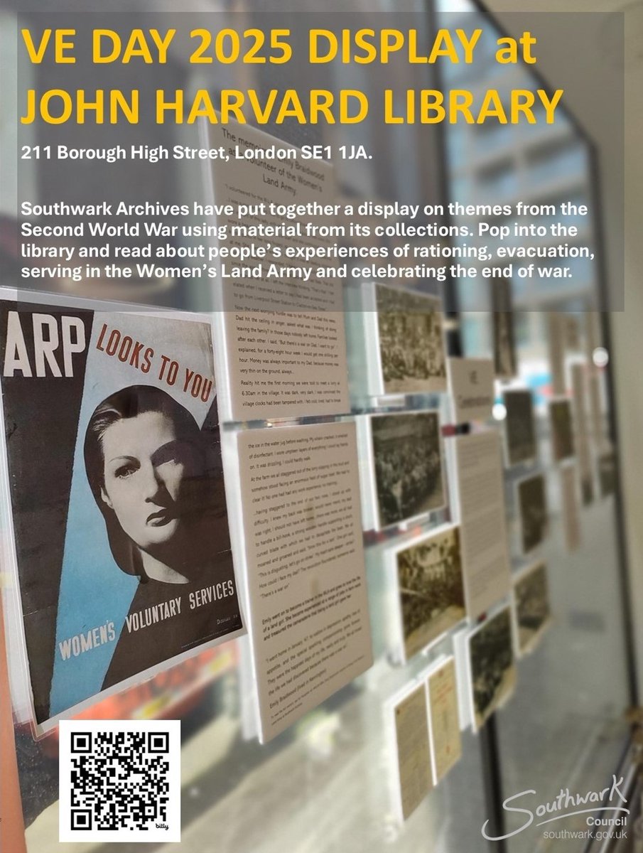 Thanks to all those who visited the VE day pop on Wednesday at Southwark Archives! For those who missed it, we have put together a VE Day display at John Harvard Library which looks at some of the themes from World War Two.