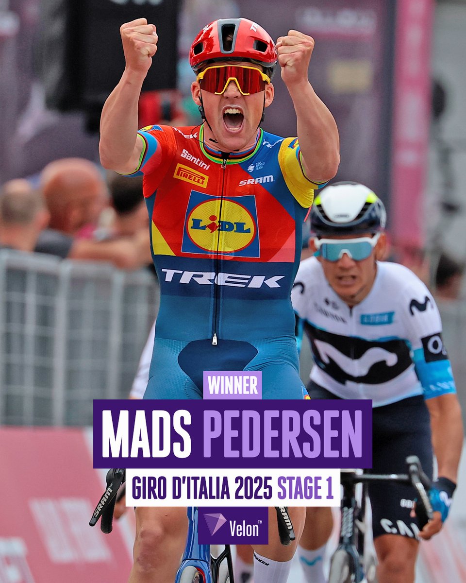 VelonCC's tweet photo. Mads grabs Stage 1 and the first Maglia Rosa 🩷🔥

Pedersen finishes off a sublime Lidl-Trek performance with a strong sprint ahead of a surging Wout van Aert on the opening stage of the Giro 💪🏼

𝗥𝗲𝘀𝘂𝗹𝘁:
1. Pedersen
2. Van Aert, s.t.
3. Aular, s.t.

📸 Sprint Cycling https://t.co/0D8gAWRGeL