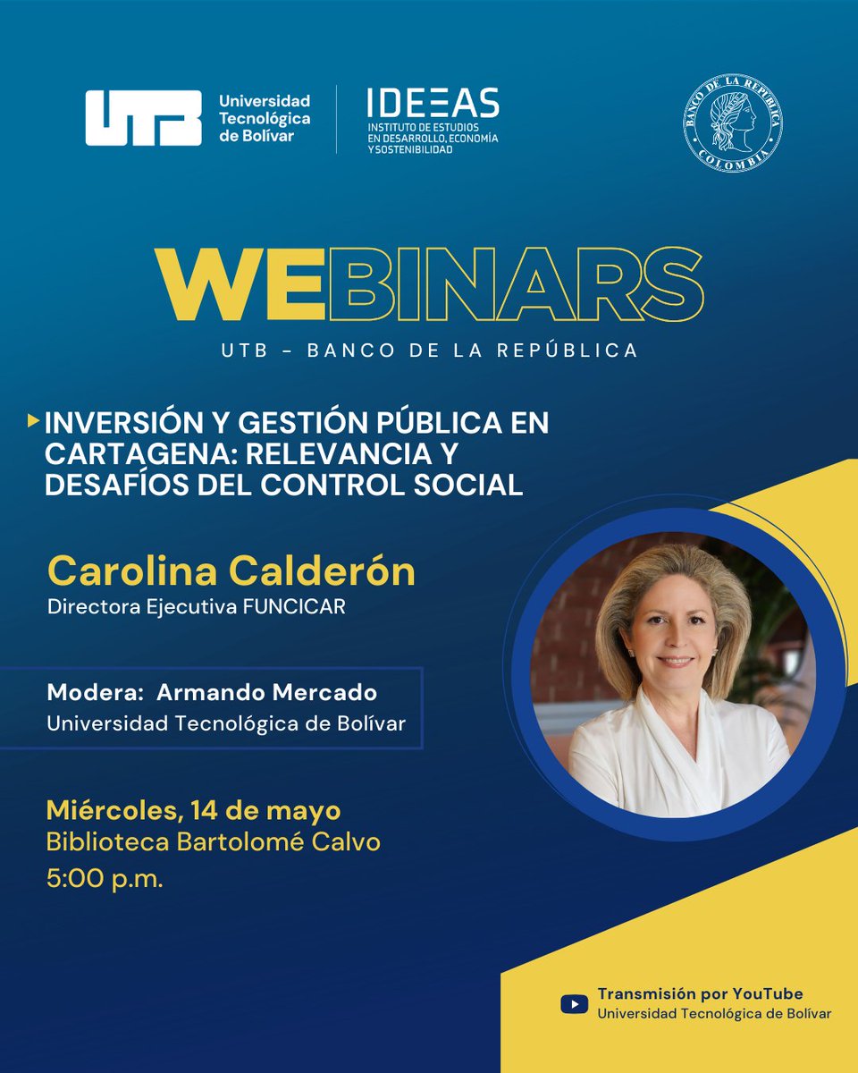 ¿Cómo se gestiona la inversión pública en Cartagena? 🤔 Descúbrelo en nuestro webinar con Carolina Calderón (FUNCICAR) y Armando Mercado (UTB) el 14 de mayo a las 5:00 p.m. En la biblioteca Bartolomé Calvo.

Conéctate a la transmisión aquí: f.mtr.cool/mndlbkylem