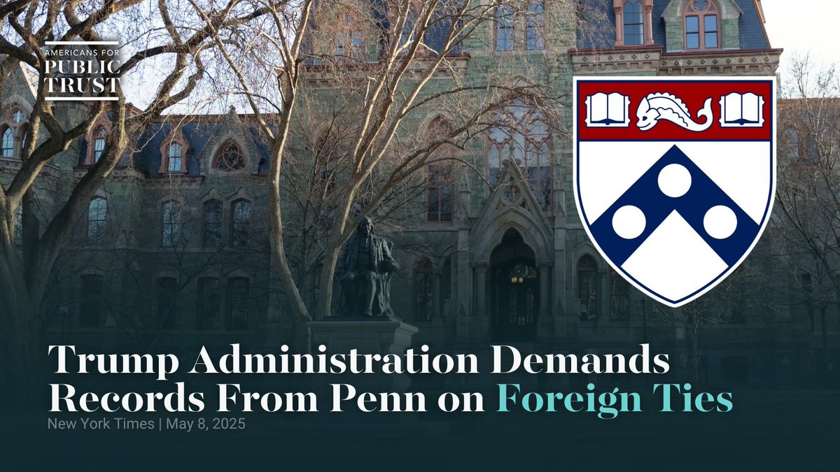 The Trump administration is cracking down on the University of Pennsylvania over its foreign funding sources.

Over half of Penn’s foreign funding disclosures were filed late, and many sources were misidentified, per the U.S. Department of Education.

👉 nytimes.com/2025/05/08/us/…