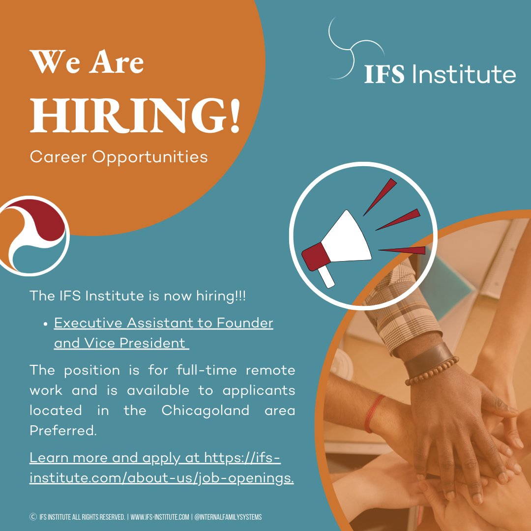 The IFS Institute is now hiring!
Position: Executive Assistant to Founder and Vice President
The position is for full-time remote work and is available to applicants located Remotely in the U.S. Chicagoland area Preferred.
Learn more and apply at hubs.ly/Q03lRsn60