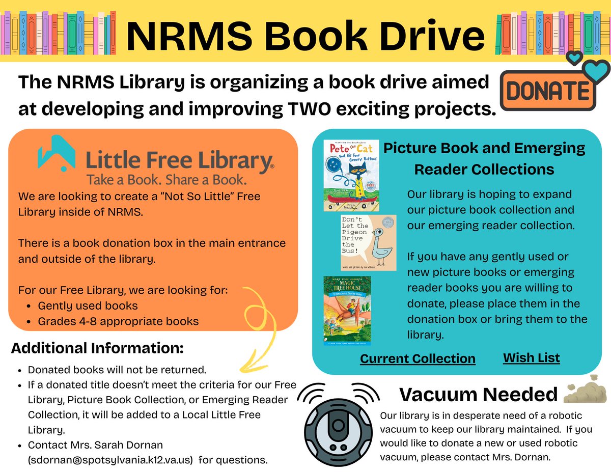 The NRMS Library is organizing a book drive aimed at developing and improving TWO exciting projects: Little Free Library and the Picture Book and Emerging Reader Collections. See below for more info.
Current collection: drive.google.com/.../1PQh0btAKb…
Wish List: amazon.com/.../ls/1Q7H4U1…
