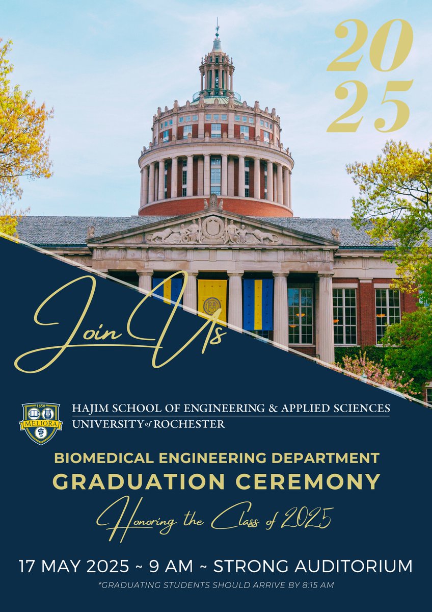 University of Rochester - Biomedical Engineering (@uofrbme) on Twitter photo 🎓 Graduation is only 1 week away—are you ready?
Can’t attend in person? Livestream the ceremonies!
Links + details on our website 👇
Let the countdown begin! ⏳
🔗 hajim.rochester.edu/bme/news-event…
#URBME #BME #HAJIM #UR2025 #biomedicalengineering #Meliora #CMTI <a href="/ur_engineering/">Hajim School of Engineering & Applied Sciences</a> 🎓 Graduation is only 1 week away—are you ready?
Can’t attend in person? Livestream the ceremonies!
Links + details on our website 👇
Let the countdown begin! ⏳
🔗 hajim.rochester.edu/bme/news-event…
#URBME #BME #HAJIM #UR2025 #biomedicalengineering #Meliora #CMTI <a href="/ur_engineering/">Hajim School of Engineering & Applied Sciences</a>