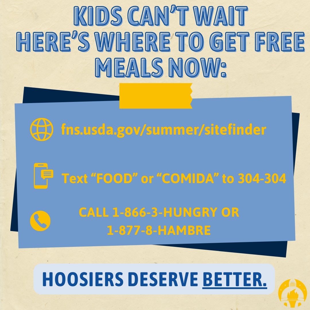 INSenDems's tweet image. 670,000 Hoosier kids lost $120 in summer food support because @GovBraunIN’s admin wasn’t ready. We can’t afford another failure like this.
✍️ Demand action:
feedingindianashungry.salsalabs.org/sunbuckscall
🍽️ Find meals:
fns.usda.gov/summer/sitefin…
#INForAll