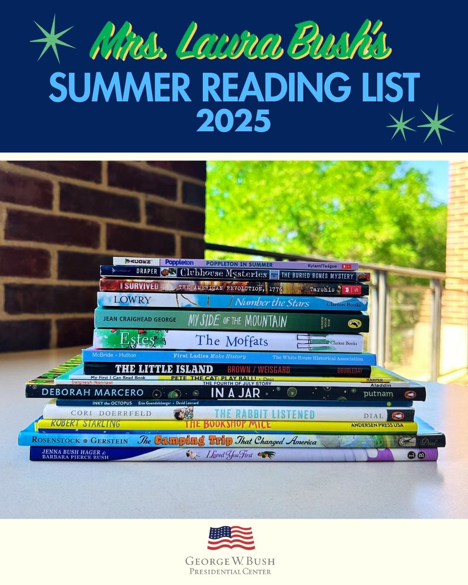 George W. Bush Presidential Center (@thebushcenter) on Twitter photo Mrs. <a href="/laurawbush/">Laura Bush</a>’s 2025 Summer Reading List is here! Celebrate America, everyday adventures, and friendships that stand the test of time. You can find the list of books and purchase them on our website. Happy reading! 📚
shop.bushcenter.org/collections/mr… Mrs. <a href="/laurawbush/">Laura Bush</a>’s 2025 Summer Reading List is here! Celebrate America, everyday adventures, and friendships that stand the test of time. You can find the list of books and purchase them on our website. Happy reading! 📚
shop.bushcenter.org/collections/mr…