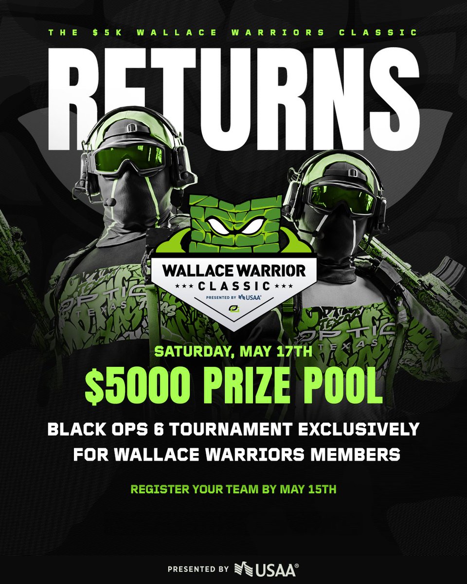 OpTic's tweet photo. THE $5,000 WALLACE WARRIOR CLASSIC IS BACK — presented by @USAA.

For our current U.S. Military &amp; Veterans, squad up for another BO6 tourney on May 17th.

More info: https://t.co/B4LUte9U0h https://t.co/j4CTlnVchu