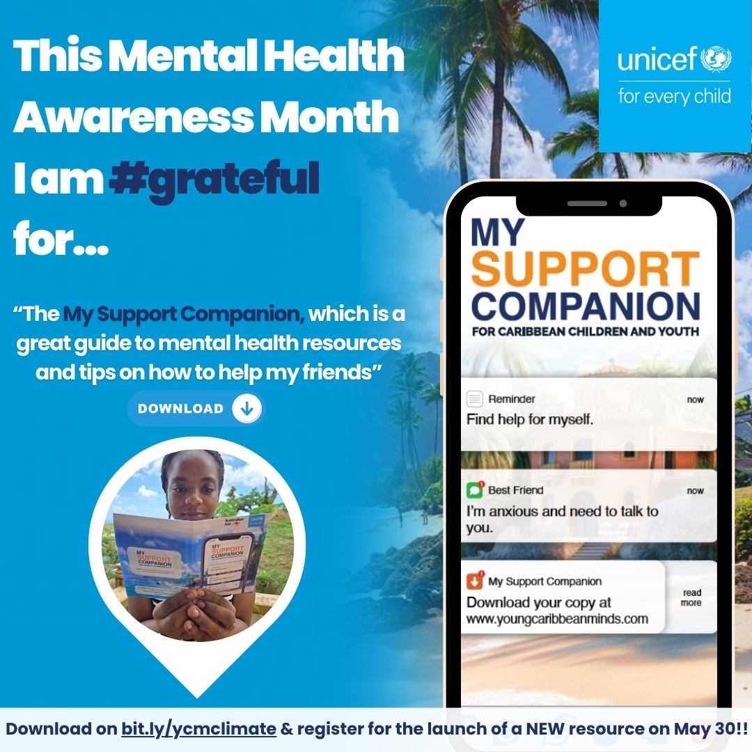 May is #MentalHealthAwarenessMonth 💙 Download My Support Companion — a free guide for young people to cope &amp; connect: bit.ly/ycmclimate

Join us on 30 May to launch a new resource from youth in 21 countries! 🌍 

#YoungCaribbeanMinds