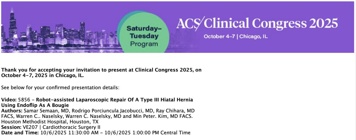 Samar Semaan (@samarsemaanmd) on Twitter photo Can't wait to share my work with <a href="/DrMinPKim/">Min Kim</a> & <a href="/HMSurgery/">Houston Methodist Surgery Residency & Fellowships</a> <a href="/HMethodistMD/">Houston Methodist MD</a> at ACS <a href="/AmCollSurgeons/">American College of Surgeons</a> Clinical Congress!
Our video presentation highlights the use of Endoflip as a bougie in robotic type III Hiatal Hernia repair.
Until then!#ACSCC25 #Surgery #MedTwitter #ThoracicSurgery Can't wait to share my work with <a href="/DrMinPKim/">Min Kim</a> & <a href="/HMSurgery/">Houston Methodist Surgery Residency & Fellowships</a> <a href="/HMethodistMD/">Houston Methodist MD</a> at ACS <a href="/AmCollSurgeons/">American College of Surgeons</a> Clinical Congress!
Our video presentation highlights the use of Endoflip as a bougie in robotic type III Hiatal Hernia repair.
Until then!#ACSCC25 #Surgery #MedTwitter #ThoracicSurgery