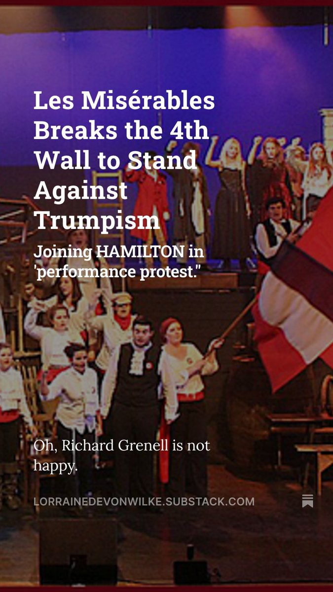 LorraineDWilke's tweet photo. Have you heard the news? Actors from Trump's "favorite musical" refuse to toady to his takeover & Ric Grenellโ the ridiculously appointed "interim director"โis NOT happy. Artists of conscience, though, ARE...brava/bravo to all involved! #performanceprotest https://t.co/L2cWHfmBOv https://t.co/UqHREw8013