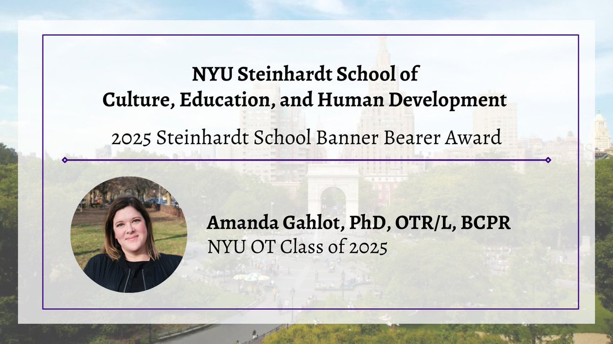 Amanda Gahlot is the <a href="/nyusteinhardt/">NYU Steinhardt</a> School Banner Bearer Award recipient! Among many other accolades, she serves as an <a href="/AOTAInc/">AOTA</a> Fellowship Reviewer &amp; lecturer for the AOTA Live Webinar Series advocating for Power in the Profession &amp; is exceptionally deserving of this award.