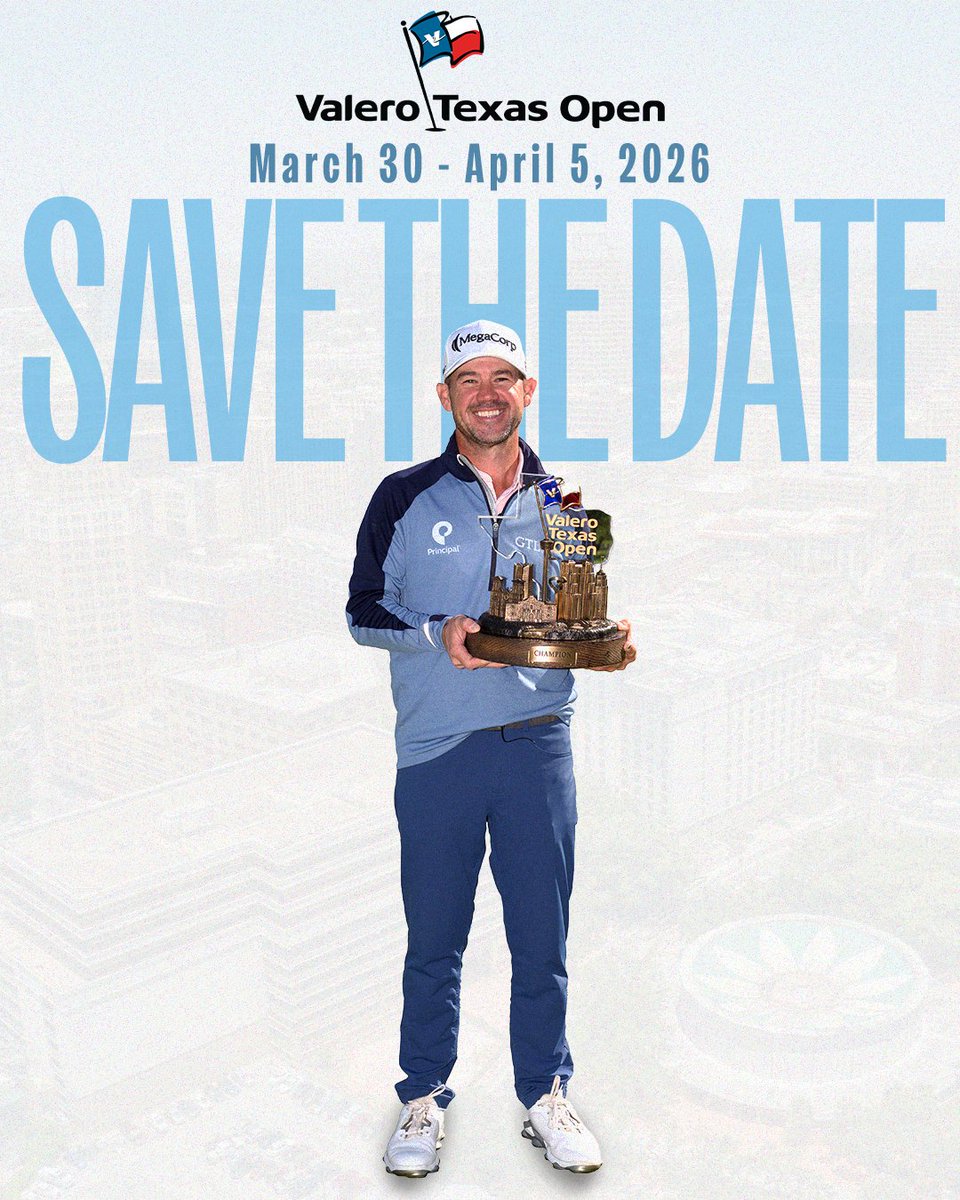 Valero Texas Open (@valerotxopen) on Twitter photo Mark Your Calendars!
The Valero Texas Open returns to <a href="/TPCSanAntonio/">TPC San Antonio</a> March 30 - April 5, 2026!⛳️ Mark Your Calendars!
The Valero Texas Open returns to <a href="/TPCSanAntonio/">TPC San Antonio</a> March 30 - April 5, 2026!⛳️