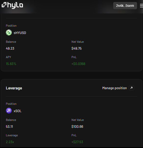 Nikkuz.hxd.sol (@nikkuz5) on Twitter photo Messing around with <a href="/hylo_so/">Hylo | DeFi Native Money</a> in private beta 😎
Dropped ~$100 in for a quick test - ~20 hours later, here’s what I got:
💵 sHYUSD: +$0.0368 | APY: 15.83%
📈 xSOL (2.23x): +$27.53
Tiny gains, but honest ones.
Reloading soon - this was just a taste 🍿
#Hylo #DeFi #Solana Messing around with <a href="/hylo_so/">Hylo | DeFi Native Money</a> in private beta 😎
Dropped ~$100 in for a quick test - ~20 hours later, here’s what I got:
💵 sHYUSD: +$0.0368 | APY: 15.83%
📈 xSOL (2.23x): +$27.53
Tiny gains, but honest ones.
Reloading soon - this was just a taste 🍿
#Hylo #DeFi #Solana