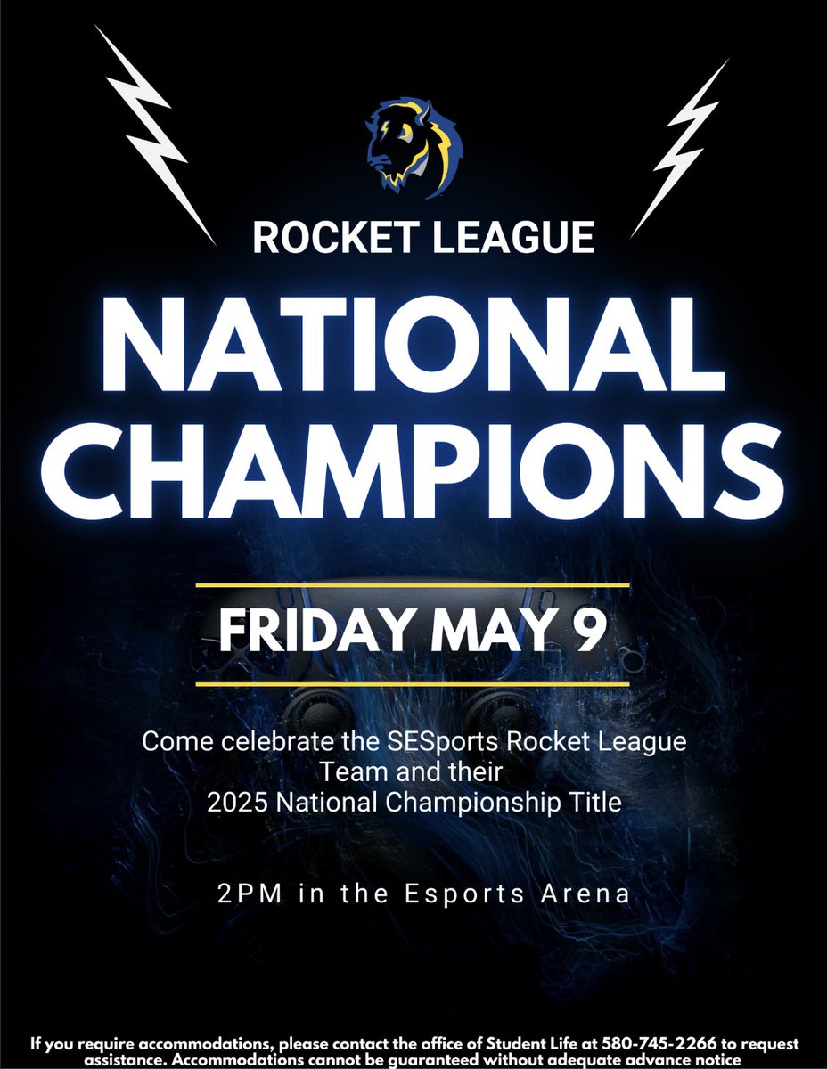 Come celebrate the SEsports Rocket League Team! Last night, they won the 2025 National Championship for Division 2. Come congratulate them for their hard work!  The event will begin at 2pm in the SESports arena located in the Student Union, 1st floor.

#eSports #RocketLeague #fun