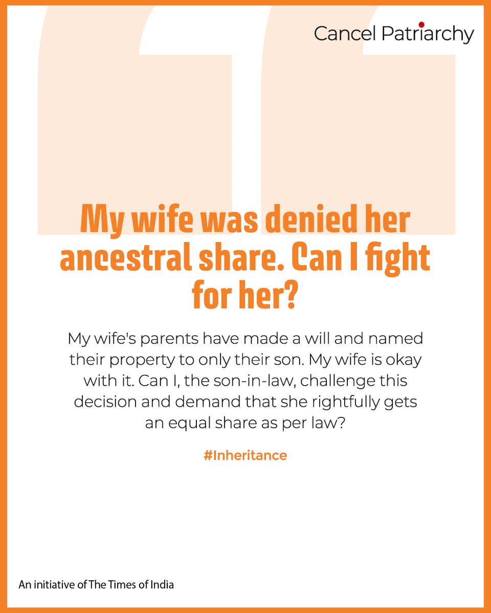 We're here to help if you have similar questions or need clarity on other legal issues. Write to us with your queries anonymously or read the responses on the website where we have published detailed answers.

cancelpatriarchy.in

#CancelPatriarchy #TOI