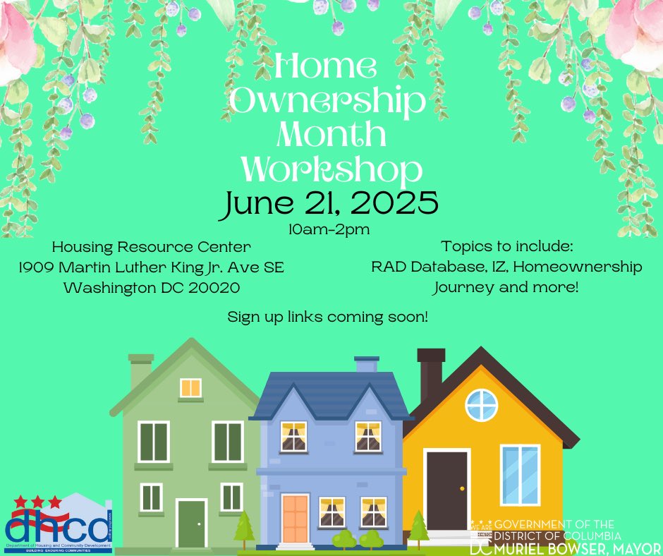 We hope you all are getting excited for Homeownership Month because I know DHCD is! Some of the topics that will be included are the RAD Database, IZ, and Homeownership Journey and more! Sign up links will be coming very soon, and we can't wait to see everyone there!#DHCDAtWork🏡