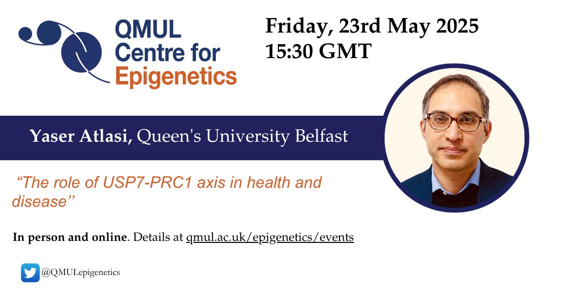 QMULepigenetics's tweet image. Our next guest speaker webinar is happening on Friday, May 23rd at 15:30 GMT. Yaser Atlasi will give a talk on: “The role of USP7-PRC1 axis in health and disease’’. To join please follow the link below: teams.microsoft.com/l/meetup-join/…