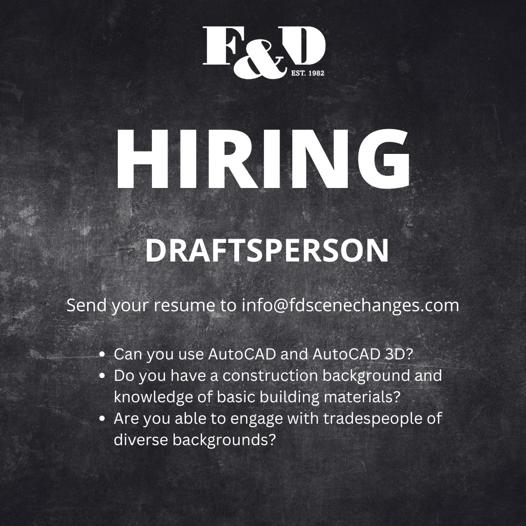 F&D Scene Changes (@fdscenechanges) on Twitter photo Think you could be a good fit? We would love to chat! Please email your resume to info@fdscenechanges.com Think you could be a good fit? We would love to chat! Please email your resume to info@fdscenechanges.com