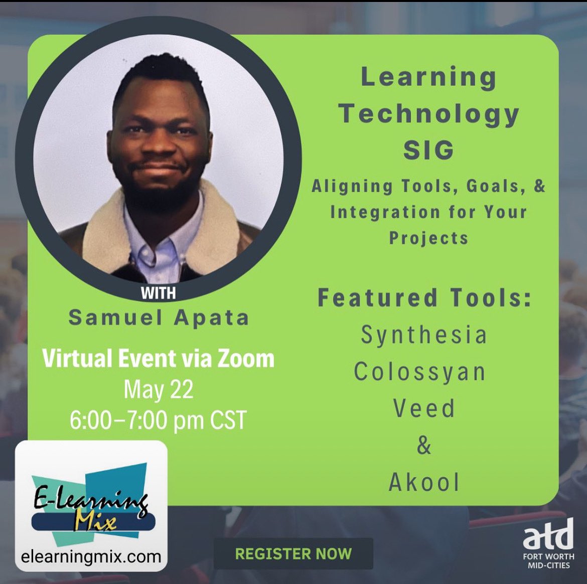 Unlock the power of AI in your e-learning! 🚀 Join #ATDFortWorth's Learning Technologies SIG on May 22nd for "E-Learning Mix" featuring the expert Samuel Apata! 💡

🔗 Register now: lnkd.in/gg-VgPNQ

#ATDFortWorth #Elearning #AITools #LearningTechnologies