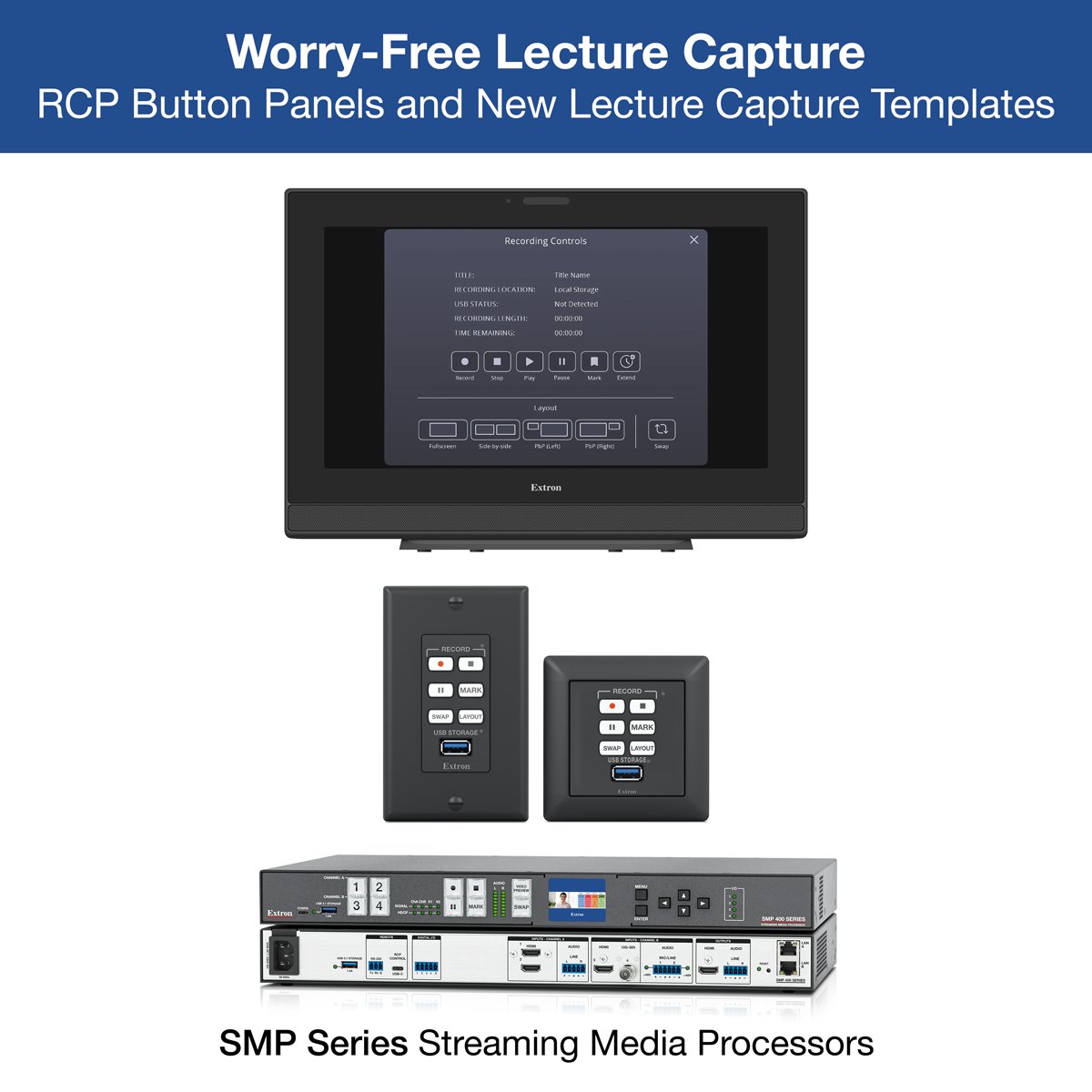 Extron's tweet image. Lecture capture has never been simpler!

With award-winning SMP Streaming Media Processors, pre-configured Lecture Capture templates, and easy-to-use RCP Remote Control Button Panels, starting a recording is as straightforward as pressing a button. No complicated setup, no steep…