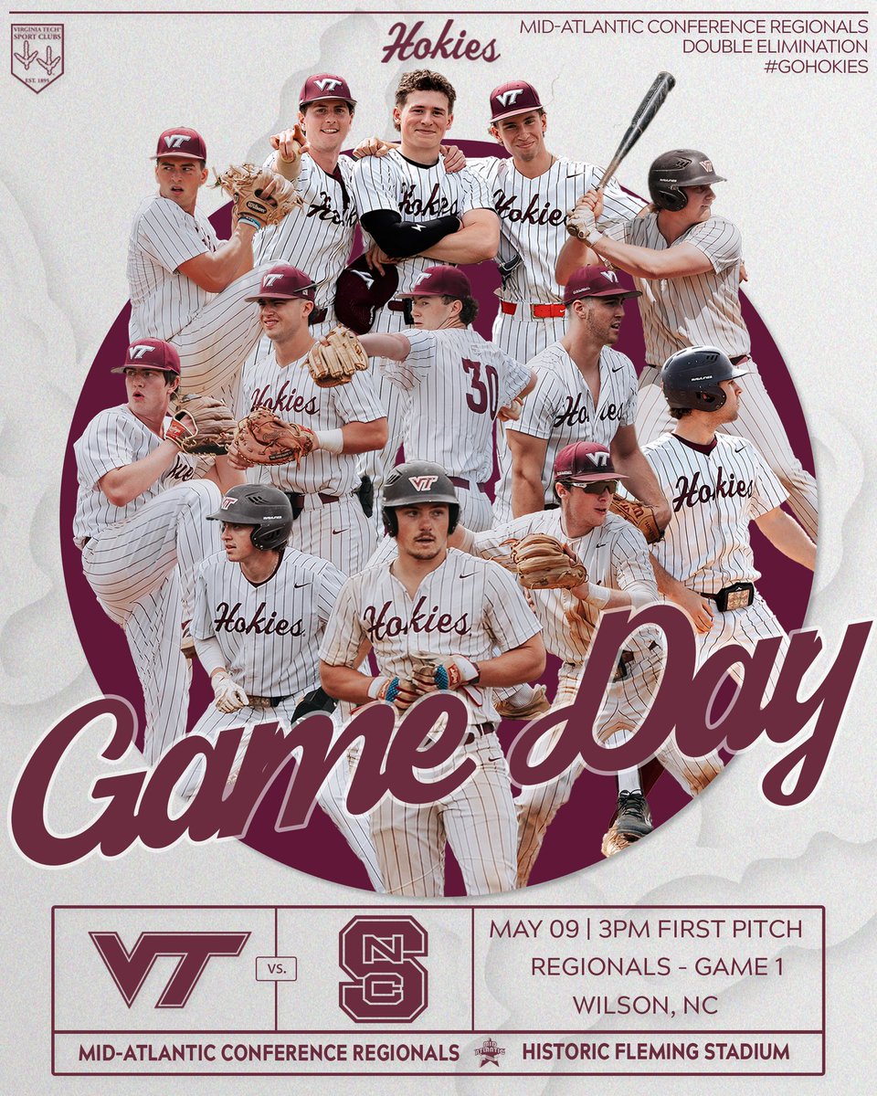 𝐑𝐞𝐠𝐢𝐨𝐧𝐚𝐥𝐬-𝐃𝐚𝐲 𝟏

Today marks day 1 of the Mid-Atlantic Conference regionals! The Hokies are set to face NC State at 3pm - Historic Fleming Stadium. Stay tuned as we fight to get to the World Series!

Streaming Link: cpl-tv.app.vewbie.com/schedule