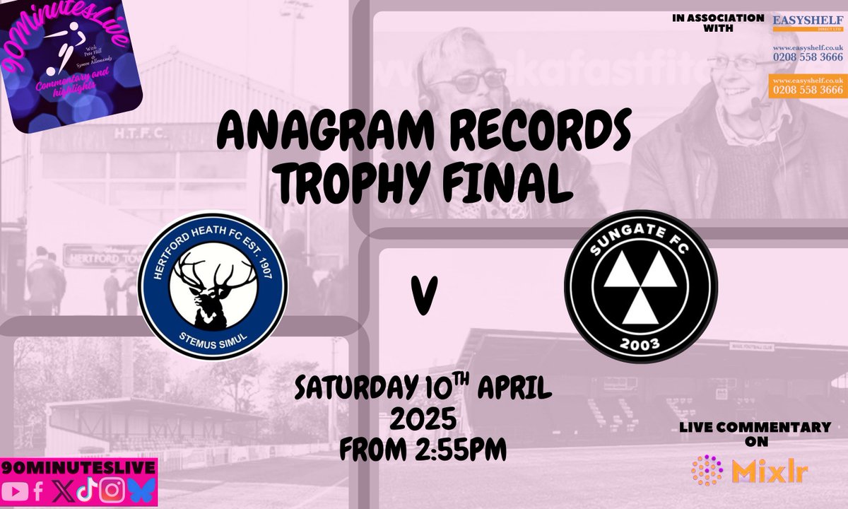 #90minutesLive (@90minutesliv) on Twitter photo In our final commentaryt of the season, we will be at the Anagram Records Trophy Final between <a href="/HertfordHeathFC/">๐๐ฒ๐ฟ๐๐ณ๐ผ๐ฟ๐ฑ ๐๐ฒ๐ฎ๐๐ต ๐๐</a> and <a href="/SungateFc/">Sungate FC</a> Join <a href="/marvotm/">Pete Hill</a> and <a href="/symon75/">Symon Allemandy</a> LIVE from 2:55pm on 90minuteslivefootball.mixlr.com/events/4254767 for all the action! #Easyshelf #ElliotHeath #Teamexsports #90MinutesLive In our final commentaryt of the season, we will be at the Anagram Records Trophy Final between <a href="/HertfordHeathFC/">๐๐ฒ๐ฟ๐๐ณ๐ผ๐ฟ๐ฑ ๐๐ฒ๐ฎ๐๐ต ๐๐</a> and <a href="/SungateFc/">Sungate FC</a> Join <a href="/marvotm/">Pete Hill</a> and <a href="/symon75/">Symon Allemandy</a> LIVE from 2:55pm on 90minuteslivefootball.mixlr.com/events/4254767 for all the action! #Easyshelf #ElliotHeath #Teamexsports #90MinutesLive