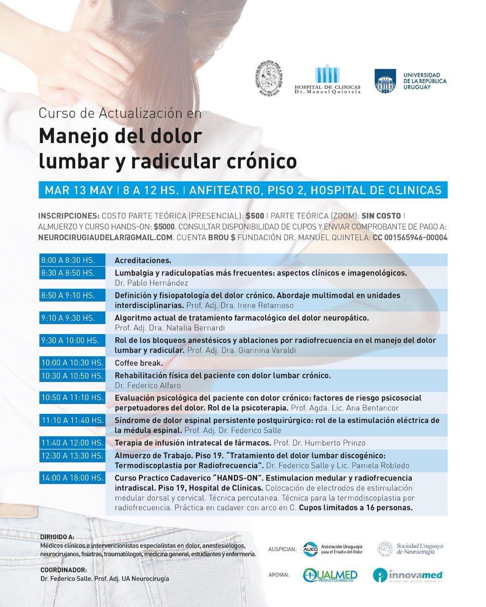 Hola a todos
Empezando con las actividades formativas. Les dejo información.
- Reserven fecha del 13/6 hora 8:30. Jornada de Espasticidad y ACV. Diagnósticos y tratamientos
Saludos y buen finde