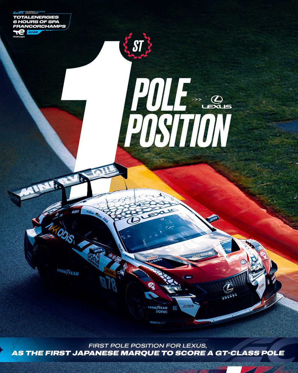 FIA World Endurance Championship (@fiawec) on Twitter photo History has been made for Lexus, courtesy of <a href="/AkkodisASPTeam/">Akkodis ASP Team</a> π₯
The team's first pole position in WEC, also marks the first GT-class pole for a Japanese manufacturer.
#WEC #6HSpa History has been made for Lexus, courtesy of <a href="/AkkodisASPTeam/">Akkodis ASP Team</a> π₯
The team's first pole position in WEC, also marks the first GT-class pole for a Japanese manufacturer.
#WEC #6HSpa