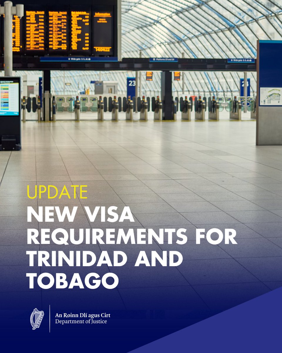 Department of Justice (@deptjusticeirl) on Twitter photo New visa requirements will come into effect from 12 May 2025 for nationals of Trinidad and Tobago travelling to Ireland.
More details on the new requirements are available here:
gov.ie/en/department-…
<a href="/OCallaghanJim/">Jim O'Callaghan TD</a> <a href="/brophytalks/">Colm Brophy</a> New visa requirements will come into effect from 12 May 2025 for nationals of Trinidad and Tobago travelling to Ireland.
More details on the new requirements are available here:
gov.ie/en/department-…
<a href="/OCallaghanJim/">Jim O'Callaghan TD</a> <a href="/brophytalks/">Colm Brophy</a>